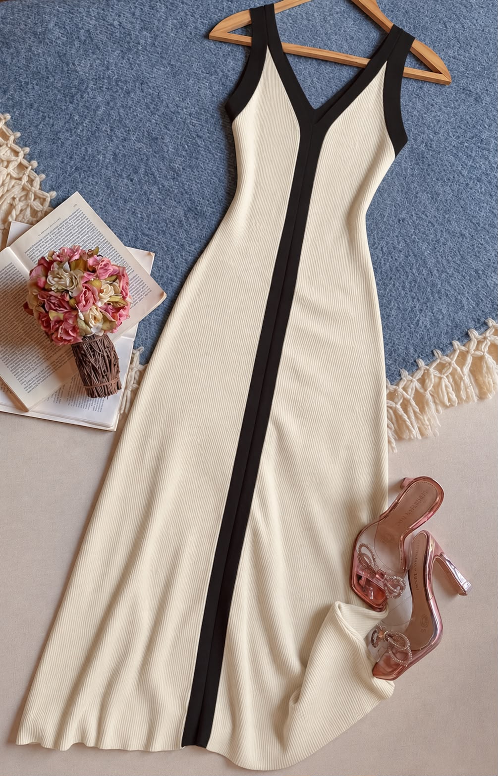 Vestido Beige Importación Premium Midi Tirantes  Acanalado Con Linea Negra