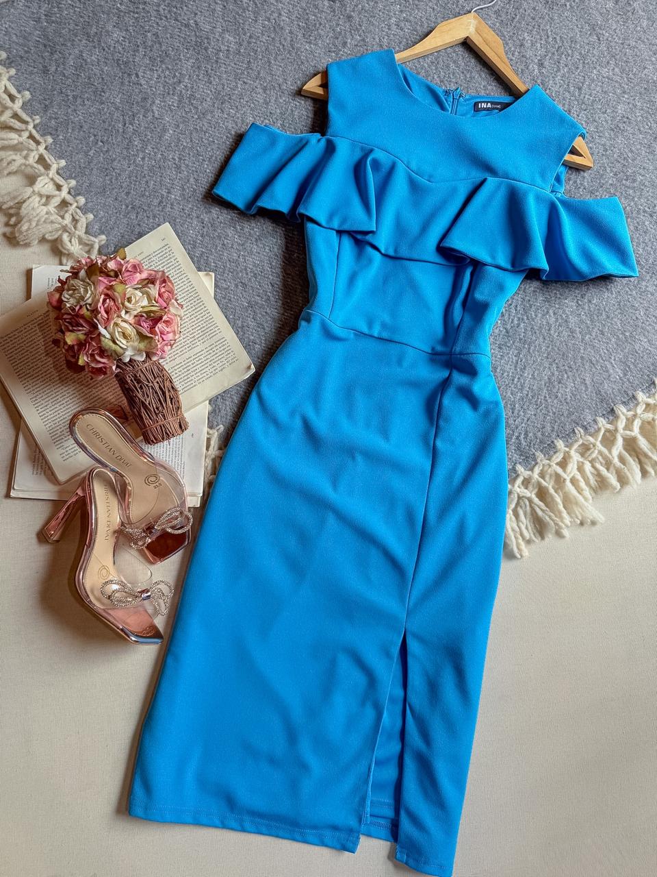 Vestido Azul INA Corto Manga Corta Campesito Abertura En Pierna