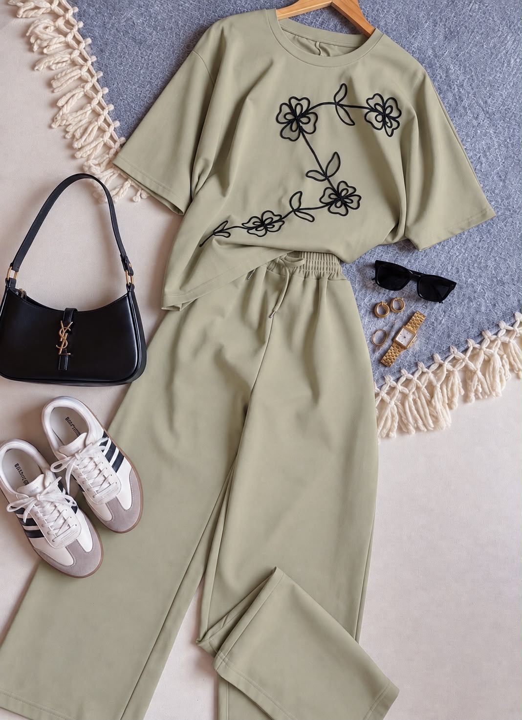 Conjunto Pantalon Verde Importación Premium Largo Manga Corta Con Bordado de Flor