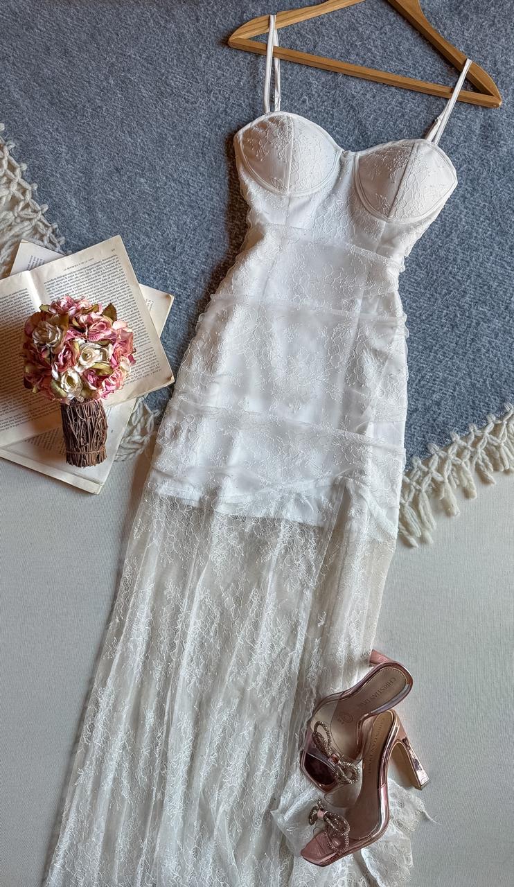 Vestido Blanco ZISSACHAR Largo Tirantes Todo De Encajito Con Copas