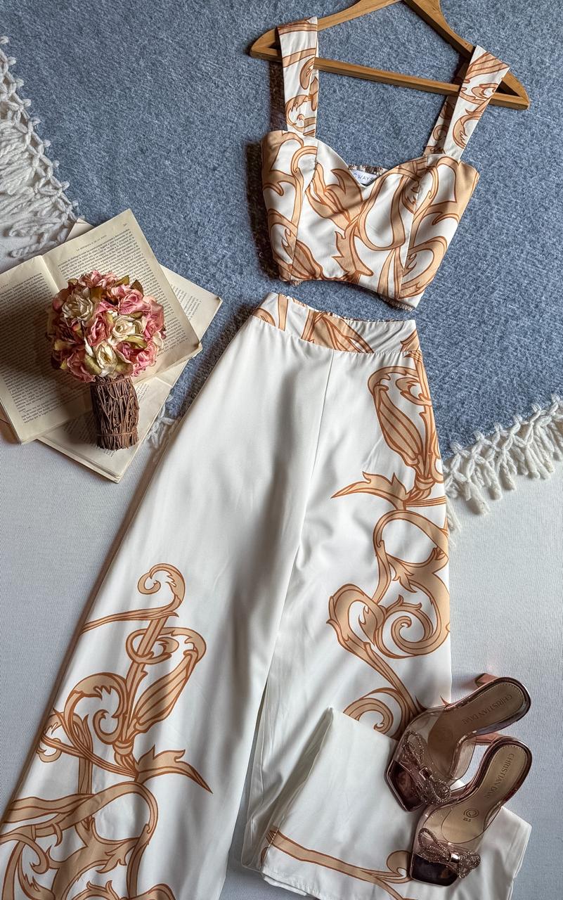 Conjunto Pantalon Blanco hueso Chicways Largo Tirantes Con Estampado Cafe