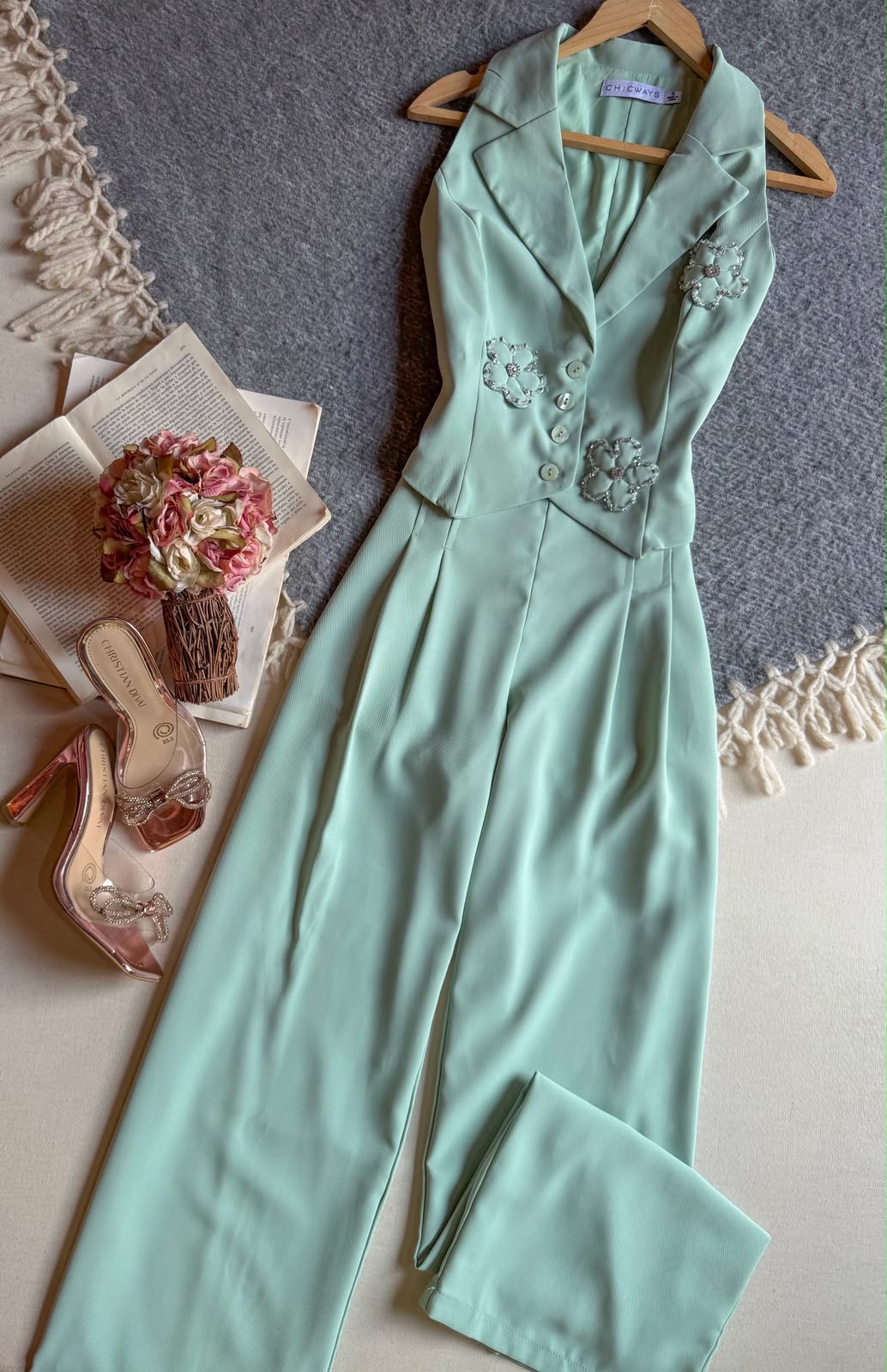 Conjunto Pantalon Verde Chicways Largo Sin Manga Chaleco Flores 3D