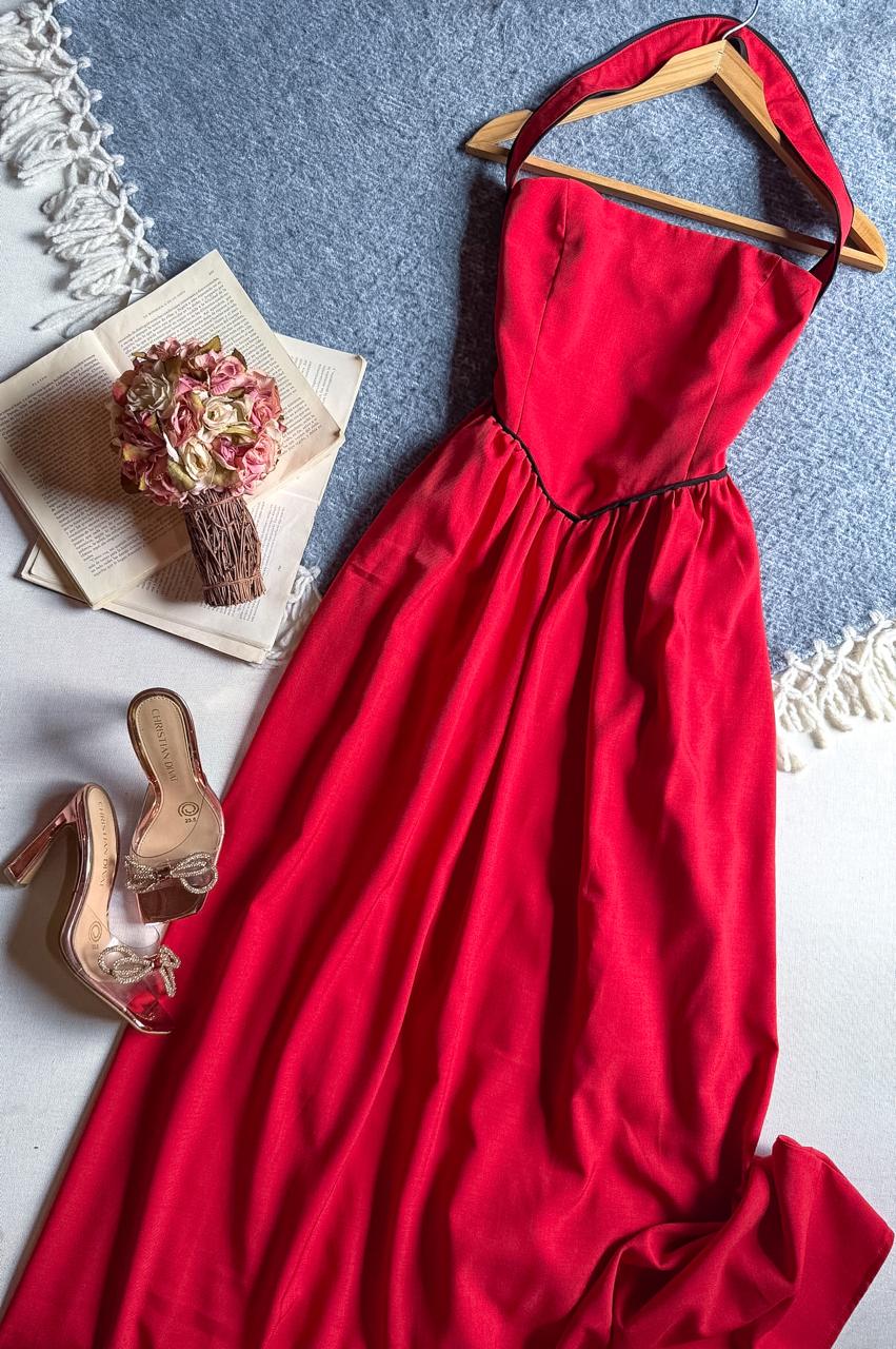 Vestido Rojo Chicways Largo Halter Smoke Trasero Con Linea Negra