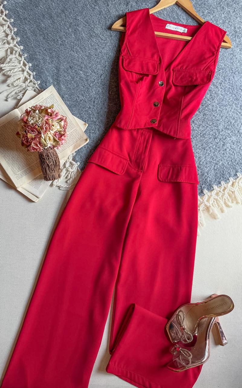 Conjunto Pantalon Rojo Chicways Largo Sin Manga Chaleco Con Bolsas Simuladas