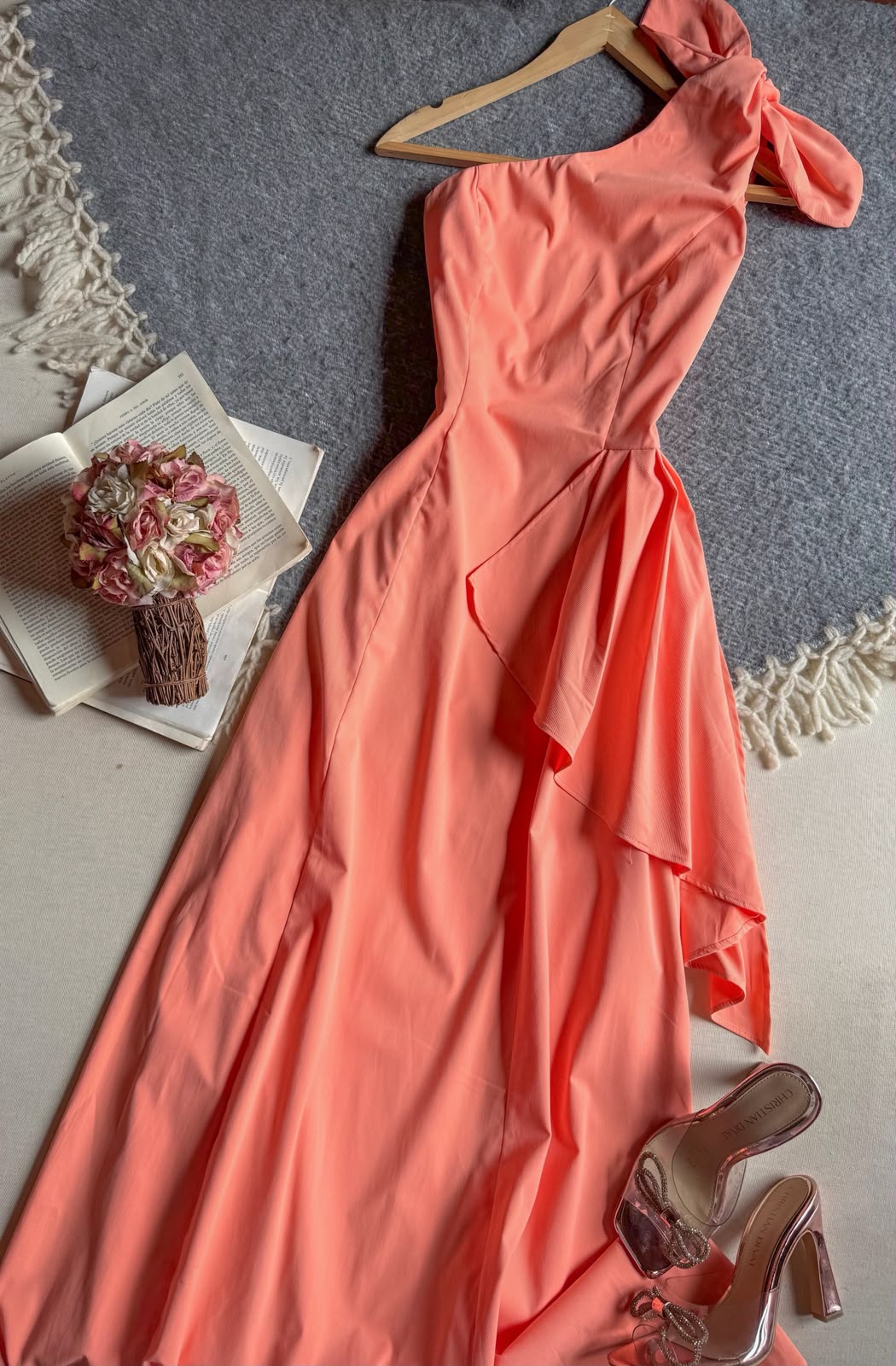 Vestido Naranja Chicways Largo 1 Tirante Con Moño Y Escarola
