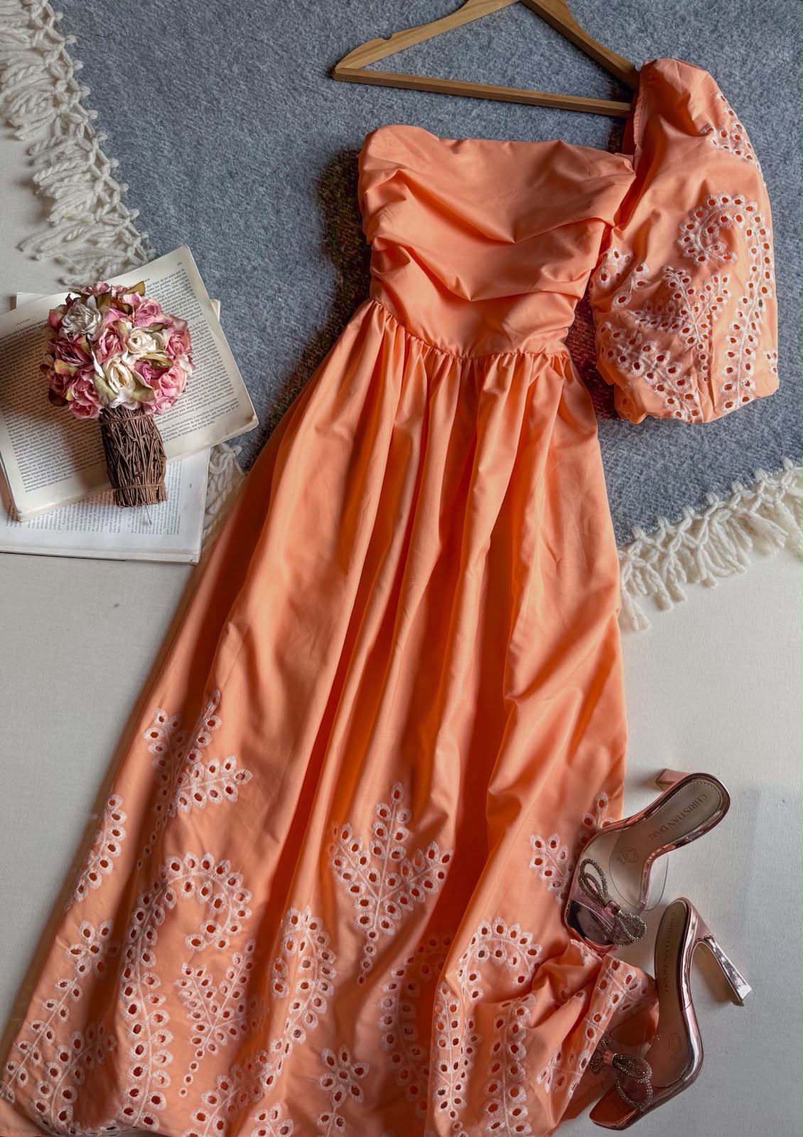 Vestido Naranja Chicways Midi Largo Unimanga Tela Perforada 