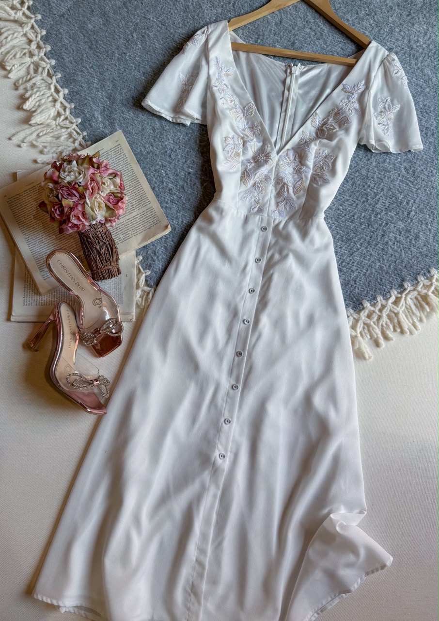 Vestido Blanco chicways Midi Manga Corta Bordado De Flores En Pecho