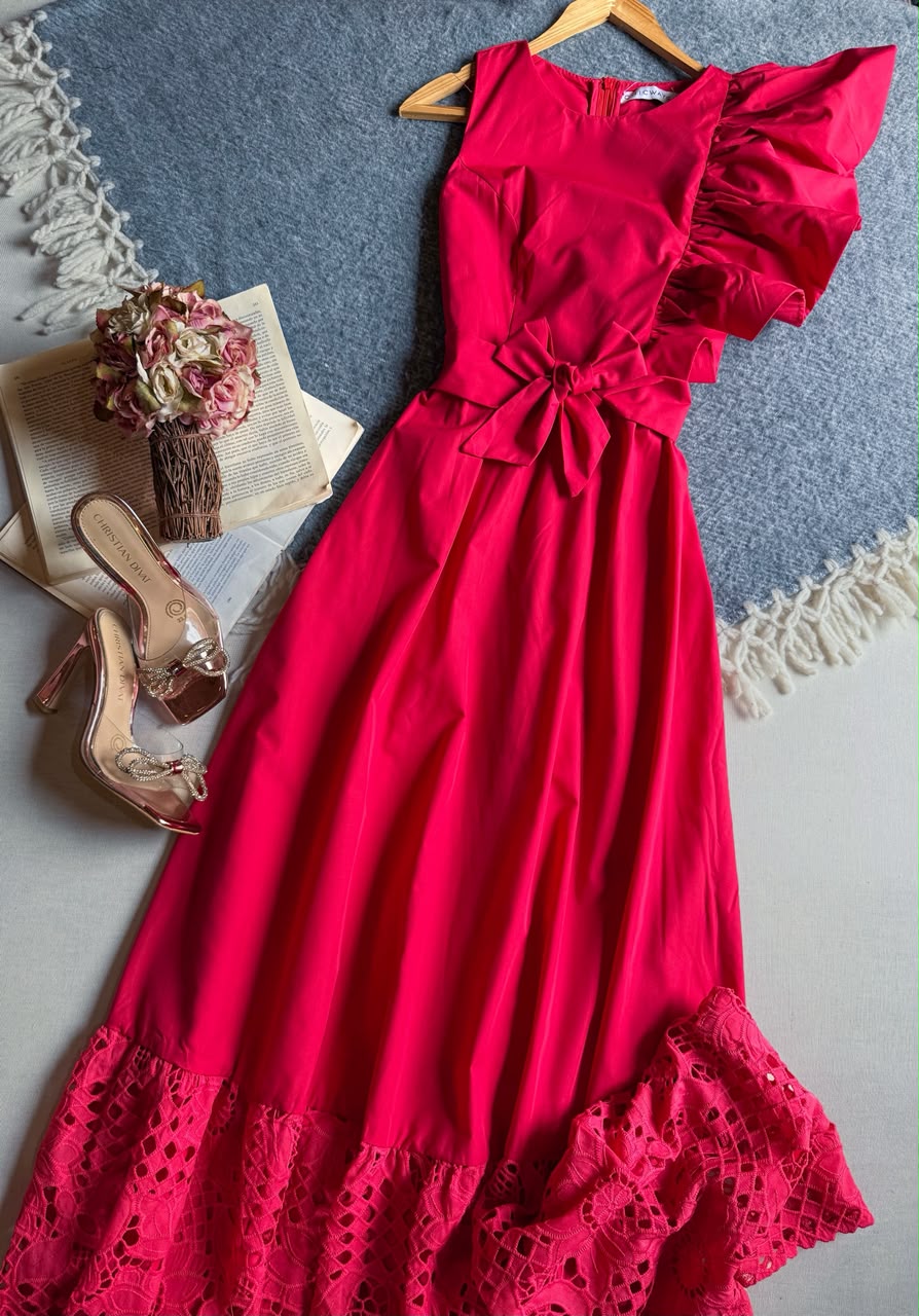 Vestido Rosa Chicways Largo Manga Corta Con Olan En Pecho