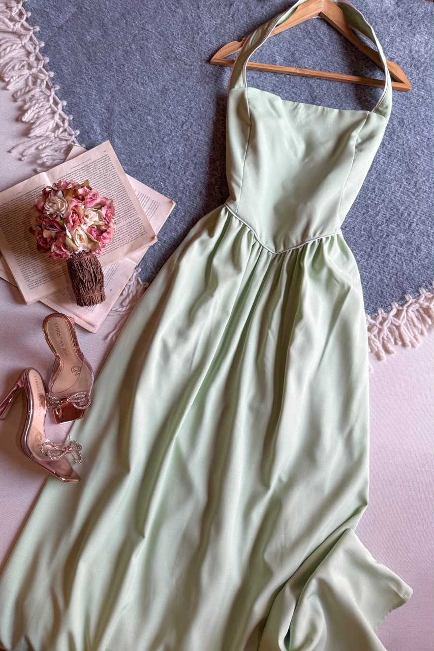 Vestido Verde Chicways Largo Halter Estrech En Espalda