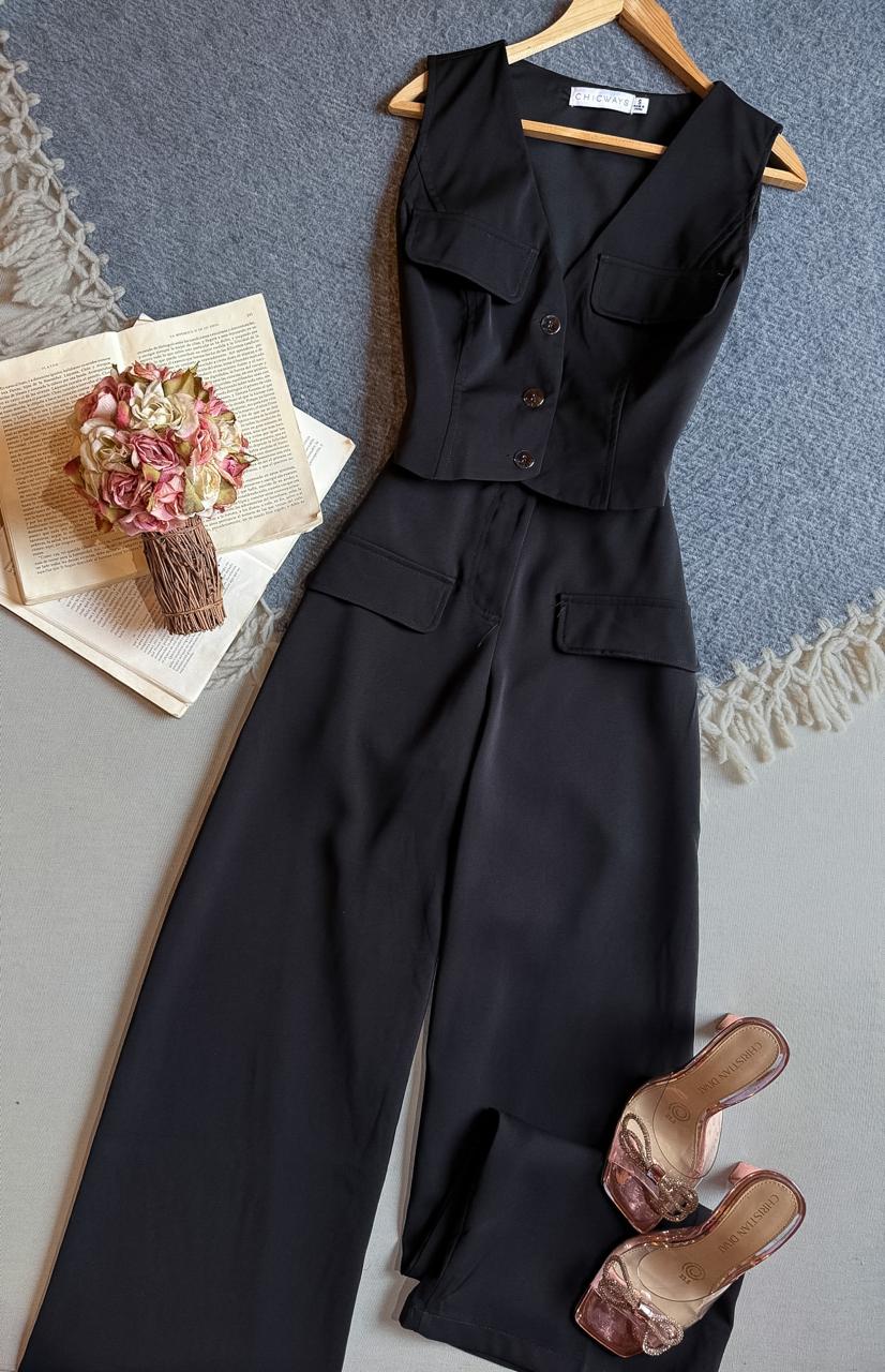 Conjunto Pantalon Negro Chicways Largo Sin Manga Chaleco