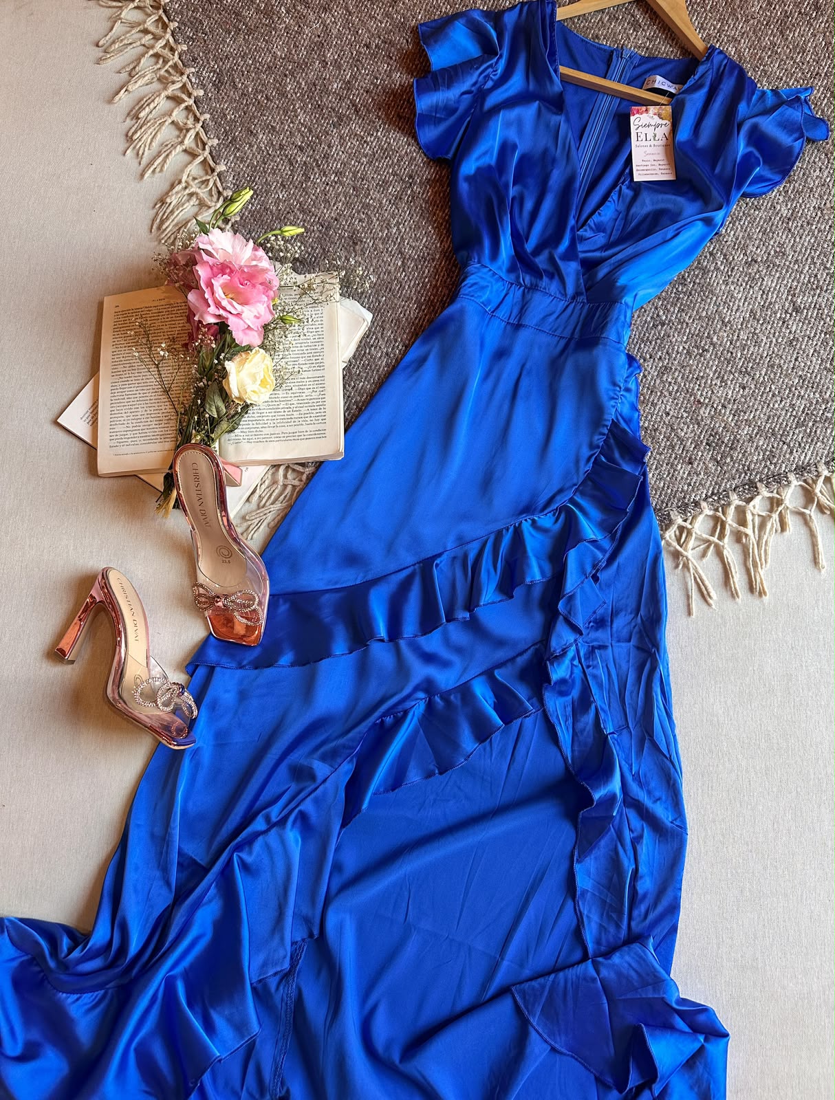 Vestido Azul Chicways Largo Manga Corta Olan En Manga y Abajo