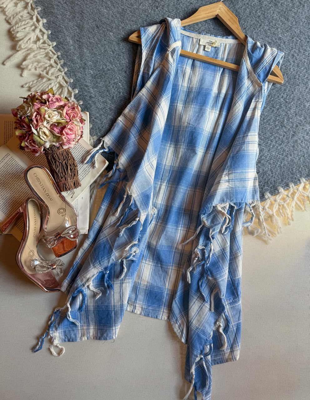 Blusa Azul ENTRO Largo Sin Manga Cuadros Blancos Barbitas