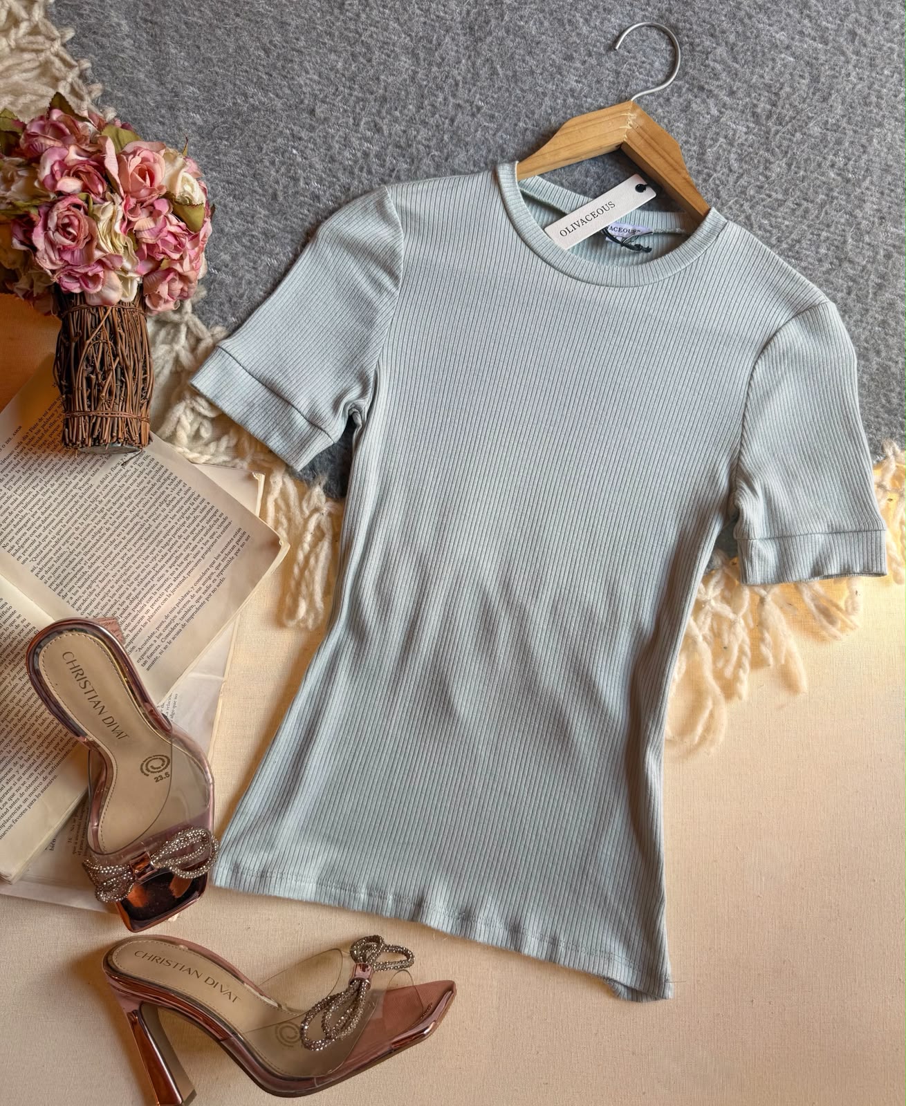 Blusa Verde OLIVACEOUS Largo Manga Corta Basica Acanalada