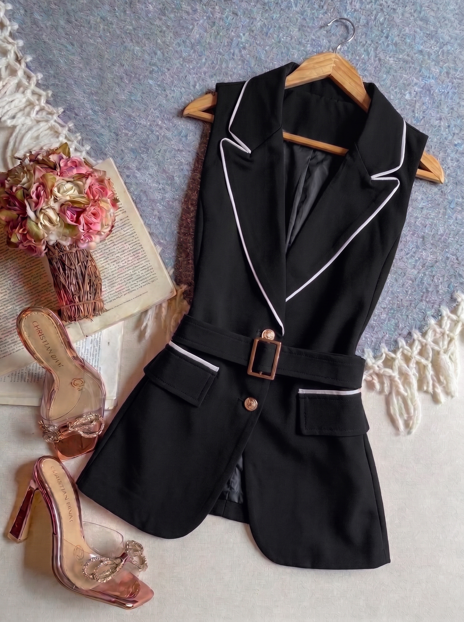 Blazer Negro Importación Premium Largo Sin Manga  Cinto De Tela