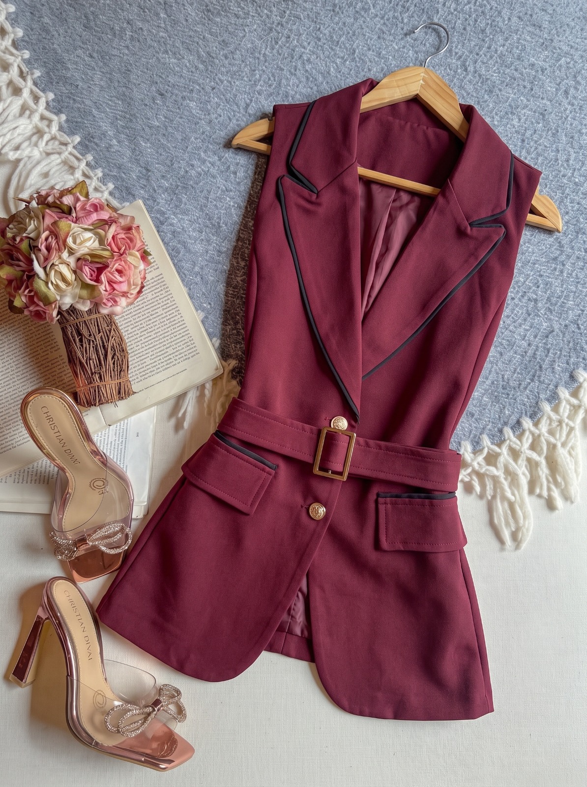 Blazer Tinto Importación Premium Largo Sin Manga Cinto De Tela