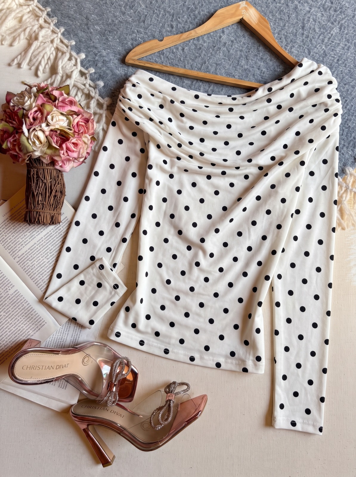 Blusa Blanco Active Usa Largo Manga Larga Con Lunares