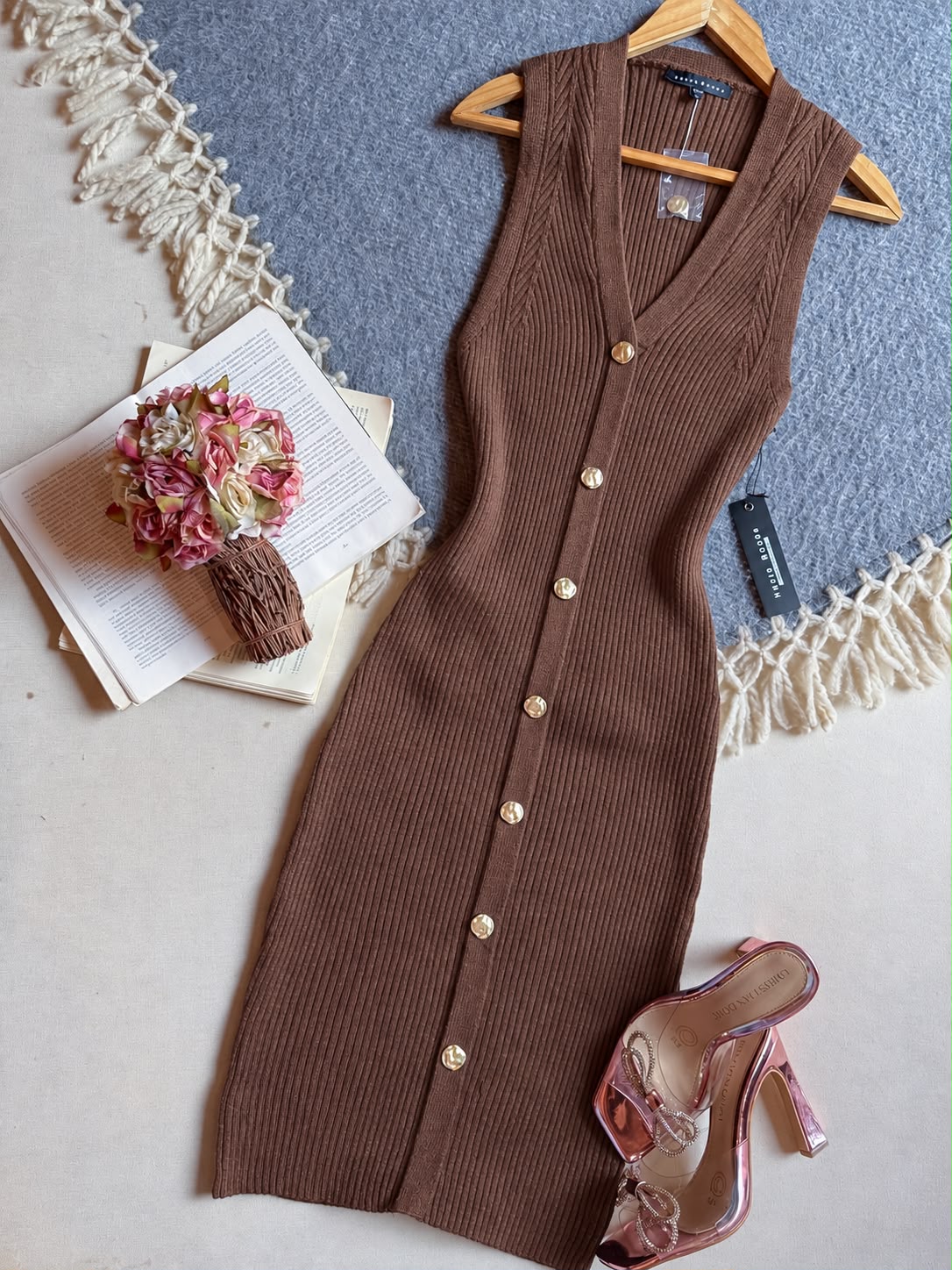 Vestido Cafe Haute Monde Corto Sin Manga Acanalado Con Botones