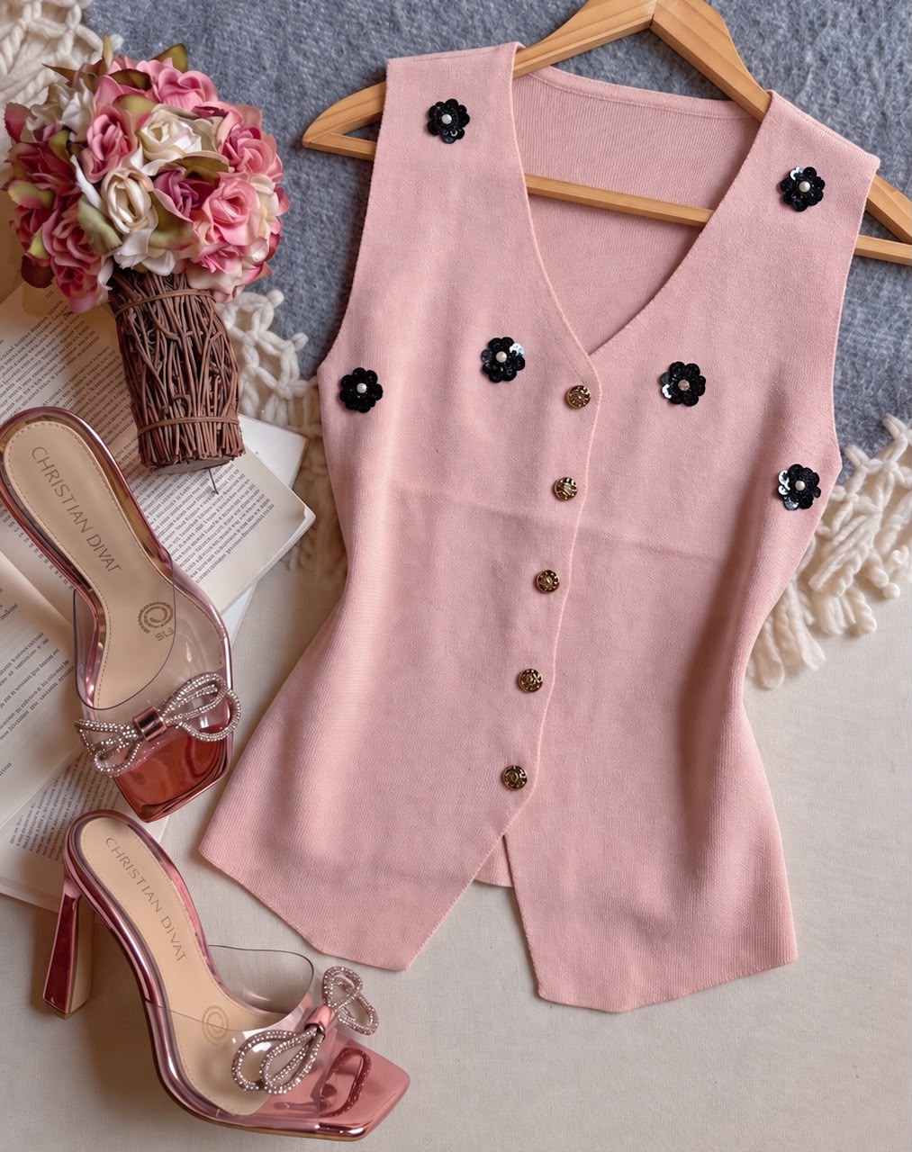 Blusa Rosa Importación Premium Largo Sin Manga De Botones Con Florecitas