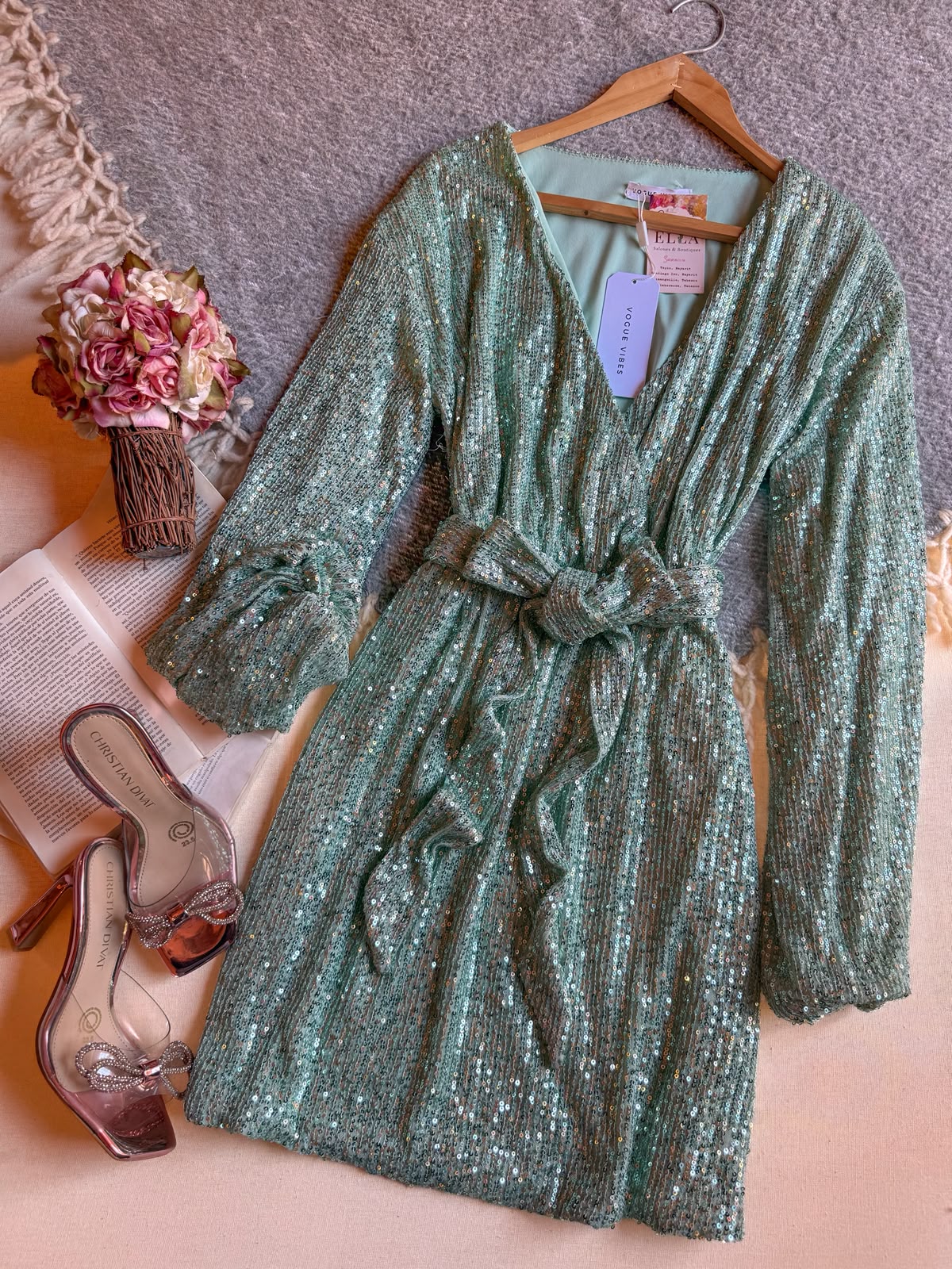 Vestido Verde Importación Premium Corto Manga Larga